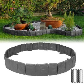 Garden Edging Border NO DIG, with Landscape Edging Anchoring Spikes, Gray Stone Effect Plastic Lawn Edging Fencing, Interlocking Yard Lawn Edging for Flower Bed | 16 Ft | 20Pcs | Gray |