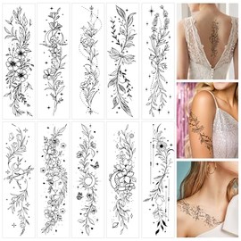 Konsait 10 Hojas De Tatuajes Temporales Realistas Para Mujeres Y Niñas: Elegantes Tatuajes Falsos De Flores, Luna Y León Para Fiestas, Maquillaje, Festivales Y Arte Facial Y Corporal.