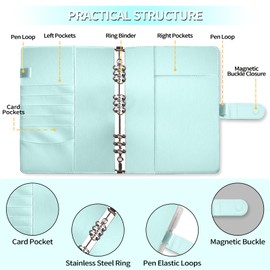 Mlife B5 Ring Binder Notebook Set - 9 Ring PU Leather Planner,5 PCS File Divider,45 Sheets B5 Loose Leaf Paper,Label Stickers,Index Tabs and Clear Cash Envelopes,Personal Organizer Binder（Blue）