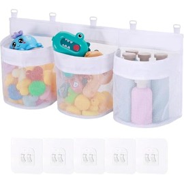 Large Bath Toy Storage Organizer, 60cm Mesh Baby Bath Toy Storage with 3 Compartment Large Openings, Quick Drying Bath Toy Net Bath Toy Tidy with 5 Strong Suction Hooks