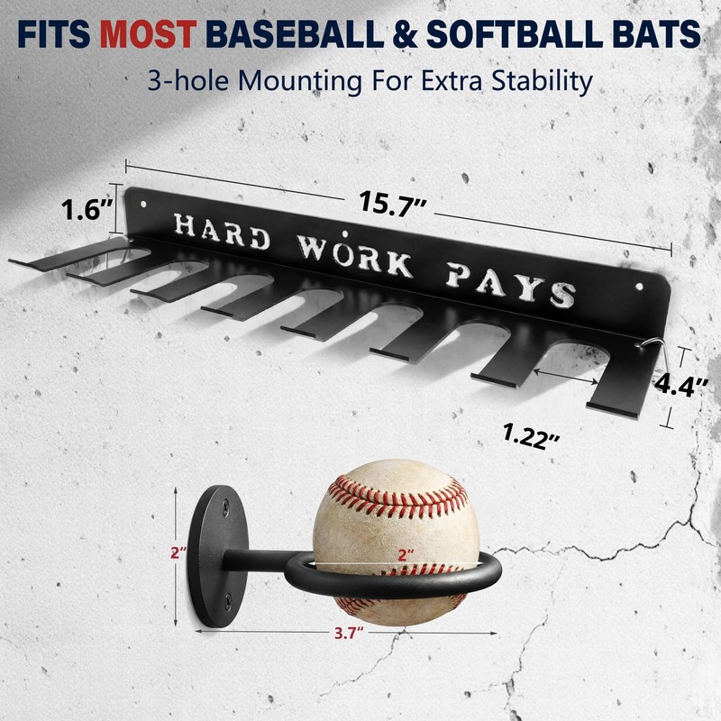 BIHOMIFI Baseball Bat Wall Mount Rack & Baseball Ring Set,
