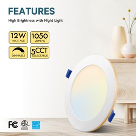 ECOELER 6 Inch 5CCT LED Recessed Ceiling Light with Night Light, 2700K/3000K/3500K/4000K/5000K Selectable Canless Recessed Lighting, 12W 1050lm, Dimmable Ceiling Downlight, ETL&FCC, 6 Pack