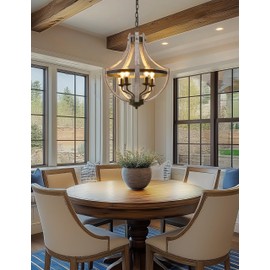 DORESshop 17" Modern Grey Wood Farmhouse Chandelier, 5-Light Adjustable Height Rustic Geometric Chandelier for Dining Room Kitchen Island Foyer Entryway Living Room