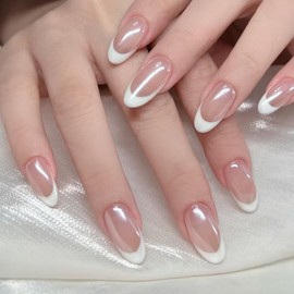 Press on Nails Almond - White Aurora French Tip False Nails with Glue - 24Pcs False Nails Medium Length Stick on Nails - Glossy Acrylic Fake Nails Long Lasting for Women Girls