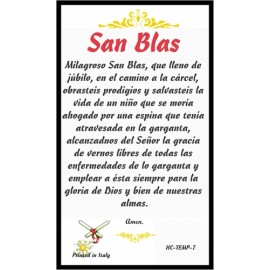 Oracion a San Blas Tarjeta de Rezo Bendecida Importada de Italia Laminada con