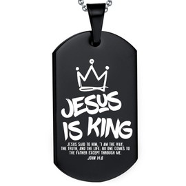 DOMYUHAO Christian Jesus Is King Bible Verses Dog Tag Necklace Gifts for Men Women -Personalization Engraved Stainless Christian Wedding Pendant Gifts (Black 1)
