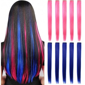 RYH Coloured Hair Extensions Clips Colourful Hair Strands Smooth Rainbow Straight (DIY) Christmas for Girls Children Synthetic Hairpiece 8 Pieces (Blue Pink)