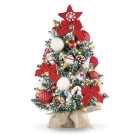 WBHome 1.8 Feet Pre-lit Decorated Tabletop Christmas Tree, Red White Ornament Decorations with Pine Cones, Snow Flocked Mini Christmas Tree with Lights, 35 Bulbs (1.8FT)