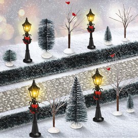 Hotop 18 Pcs Christmas Village Set Mini Christmas Village Accessories Snowy Christmas Trees Street Lights for Display Winter Holiday Decor DIY Crafts Batteries Not Included(Joyous)