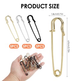 Annlpoy Pack of 15 Large Safety Pins, 7 cm, Extra Large Metal Safety Pins for Leather, Canvas, Blankets, Crafts, Skirts - Giant with Spring Clasp, Silver, Gold and Dark Silver