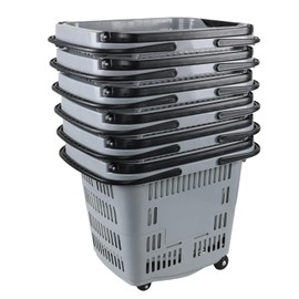 Ramddy 6-Pack 50 L Plastic Shopping Basket with Wheels and Handle, Grocery Shopping Basket, Grey