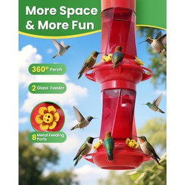 2-Tier Glass Hummingbird Feeders for Outdoors Hanging, 34 OZ Humming Bird Feeder with 8 Metal Feeding Ports, Built-in Ant Moat & 360° Perch, Hummingbird Gifts for Women Mom