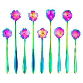 LEEFONE Juego de 9 cucharas de acero inoxidable para flores, 2 longitudes diferentes, cuchara de postre reutilizables, cuchara de té, cuchara de helado, cuchara de café, cuchara de azúcar y postre (arco iris)