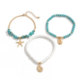 yfstyle 3Pcs Boho Beach Ankle Bracelets Summer Ocean Starfish Seashell Anklets for Women Waterproof Turquoise Beads Anklets Bracelets Set Adjustable Boho Foot Ocean Jewelry Gifts Scallop