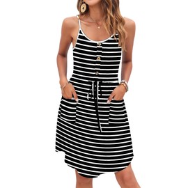 AUSELILY Womens Summer Dresses 2025 Adjustable Spaghetti Strap Sundress Drawstring Waist Beach Cover Ups with Pockets, White Stripe L