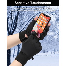 Winter Gloves Men Women, 2 Finger Exposable Touch Screen Gloves Running Gloves Cycling Gloves Driving Gloves for Men Women, Warm Gloves Freezer Gloves Waterproof Gloves Mens (Black, X-Large)