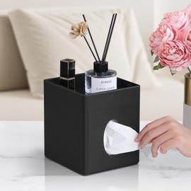 Cretkhp Tissue Box Cover, PU Leather Square Tissue Box Holder with Storage Tray for Bathroom Vanity Countertop Night Stands Bedroom Office Desk, Stylish Tissue Holder Decorative Organizer (Black)