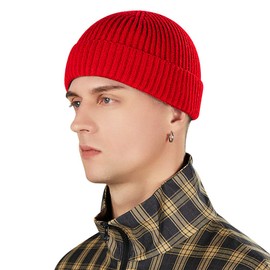 vidsel Short Fisherman Beanie for Men Women, Swag Wool Knit Cuff Trawler Skullcap,Winter Warm Hats Red