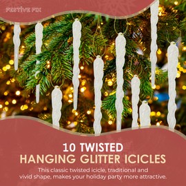 Festive Fix 12cm Glitter Icicle for Baby in White – 10 Twisted Hanging Ornaments for Christmas Tree Decorations | Xmas Theme Shiny Spiral Strips Decor Accessories for Holiday Wedding Party