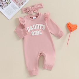 Carolilly Newborn Baby Girl Outfits 2Pcs Outfits Clothing Set Daddy's Girl Fuzzy Letter Embroidery Long Sleeve Romper Bodysuit Round Neck Jumpsuit Toddler Clothes+Headband (Pink, 3-6 Months)