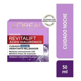 L'Oreal Paris Revitalift Ácido Hialurónico Crema Hidratante de Noche, Hidrata Intensamente y Rellena Líneas de Expresión, 50 ml.