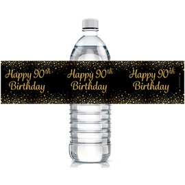 Black and Gold 90th Birthday Party Water Bottle Labels - 24 Stickers