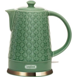 LONGSEED Ceramic Electric Kettle, 1.5L/1200W Boil Water Quickly and Easily with Boil-Dry Protection Auto Shut Off, Detachable Swivel Base, Green Relief Carving