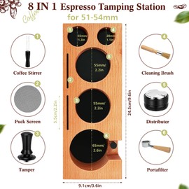 Y-Step 8 in 1 Espresso Tamping Station with Drawer for 51-54mm Espresso Machine Accessories, Handmade Non-Slip Beech Wood Coffee Station Organizer for Countertop, Portafilter Holder for Barist