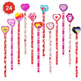 Konsait 2 Dozen (24) Valentine Pencils Assortment with Giant Eraser Topper Decorated with Love Hearts, Candies, Stars for Valentine's Day accessories Party Bag Goodie Bag Filler Favor Supplies Teacher