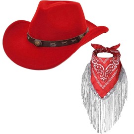 Erogeen Cowboy Hat with Fringed Bandana Set for Women Wide Brim Western Cowgirl Hat Paisley Head Wrap Scarf (Red)