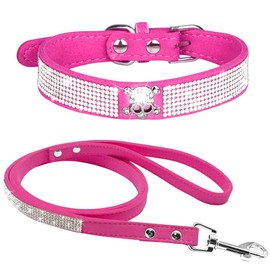 Rhinestone Dog Collar, Cute Dazzling Sparkling Soft Velvet Leather Dog Collar and Leash Set for Small Pet Dog Cat Puppy Collar (L:38 - 46 cm, Hot Pink-5)