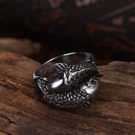 Fish Ring for Men, Norse Viking Koi Carp Ring, Vintage Koi Fish Totem Amulet Ring, Hip Hop Biker Ring, Punk Animal Fish Jewelry Gift for Men Boys (V1/2)