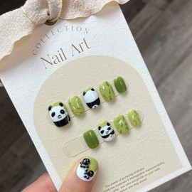 Cute Panda Animal Bamboo Handmade Press on Nails for Women Girls, Hand-painted Short Round Reusable Gel Fake Nails, Stylish Kawaii Unique Durable False Nails Green 10pcs,XS