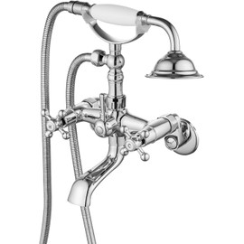 BMQFonanza Clawfoot Bathtub Faucet Tub Filler with Hand Held Shower Faucet Set Victorian Double Cross Handle 6 Inch Center Adjustable Swing Arms Tub Mount Short Adapter Antique Brass (Polished Chrome)