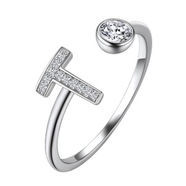 Suplight 925 Sterling Silver Initial Rings for Women Girls, Dainty Adjustable Cubic Zirconia Alphabet Letter Ring T