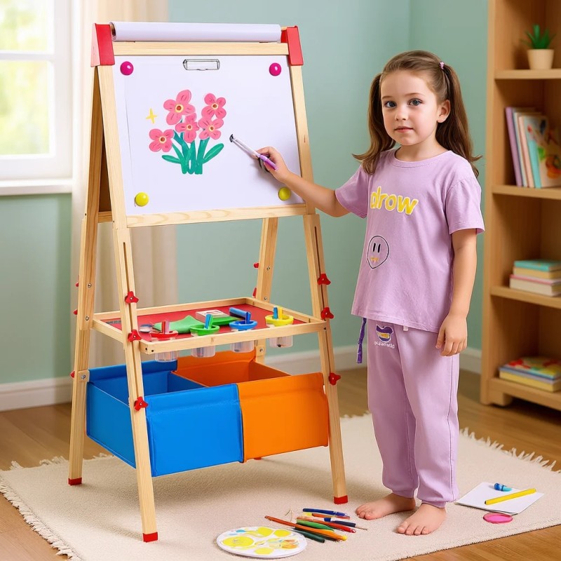 Wooden Magnetic Whiteboard Chalkboard Kids Art Easel Double Sided With