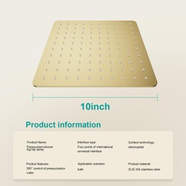 AULEEND Square Rain Shower Head, High Flow Stainless Steel,Work with any decorative style，All Metal Rainfall Shower Head (Brushed Gold, 10)
