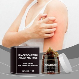 KOAHDE Black Soap with Argan and Rose,Weichmachende Haut-Peeling-Körperwäsche,Körper Peeling Seife,Natürliche Schwarze Seife,Body Scrub,Reinigen Sie die Weiche Haut,200G,1PC