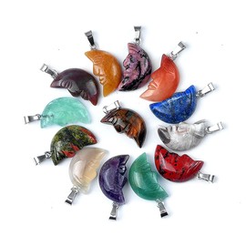 LHJ 10 Pcs Natural Stone Pendants Moon Shape Vivid Face Carved Healing Quartz Crystal Gemstone Charms for Jewelry Making Necklace Gift