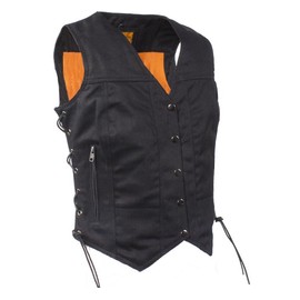 Womens Black Denim Motorcycle Vest with Side Laces Gun Pockets (XL, Black)
