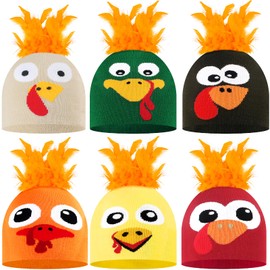 Tkifoda 6 Pcs Turkey Hats for Adults Thanksgiving Hats Turkey Beanie Hat with Feather Funny Knitted Cap Thanksgiving Turkey Costume Accessories Fall Dress up Outfit Thanksgiving Party Favors Supplies