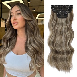 Vigorous Clip in Hair Extensions 4Pcs Light Ash Brown mixed Long Wavy Hair Extensions Clip Ins 20Inch Soft and Natural Synthetic Hairpieces for Women