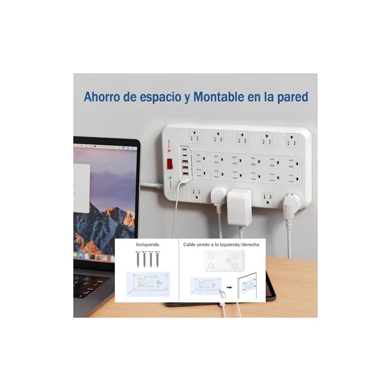 Glückluz Regleta Multicontacto Pared USB, Conector Múltiple con Varios Enchufes