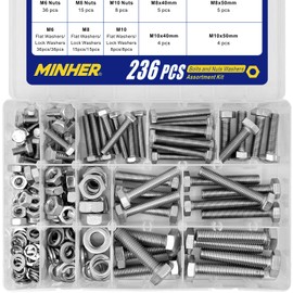 MINHER 236PCS M6 M8 M10 Heavy Duty Bolts and Nuts Assortment Kit 304 Stainless Steel(18-8) Hex Screws Nuts & Washers kit