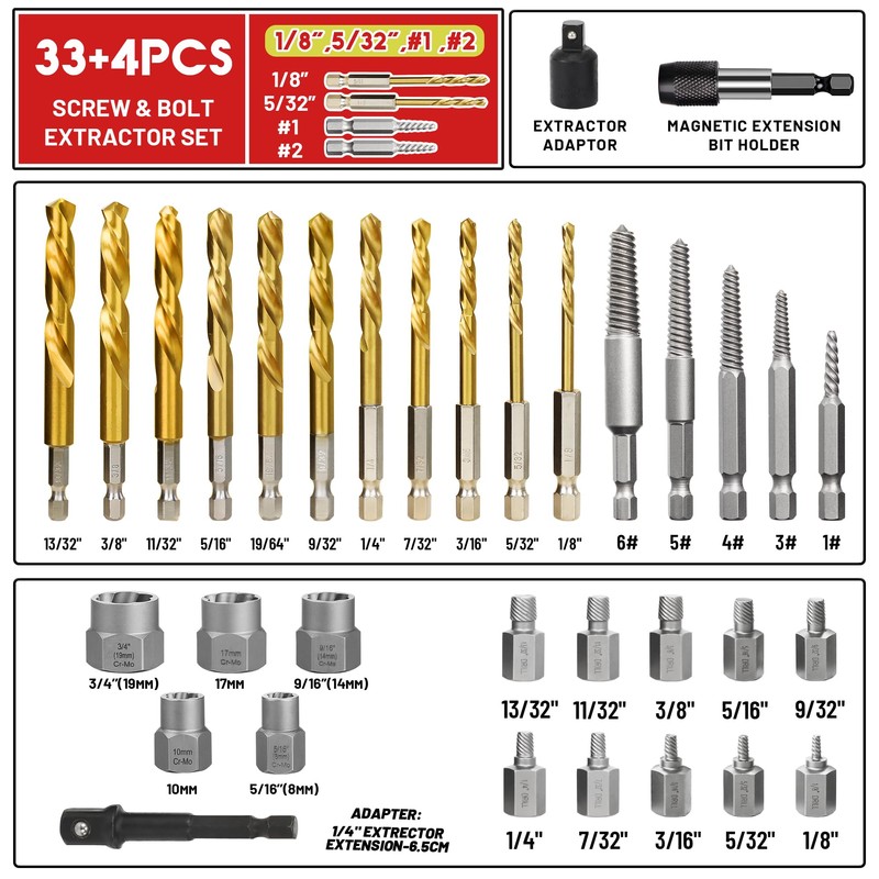 UYECOVE 33Pcs Screw Bolt Extractor Set Hex Head Multi-Spline, Left
