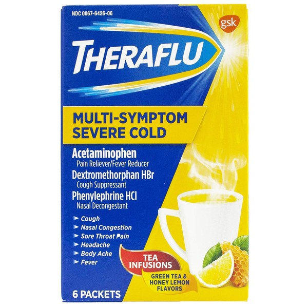 Theraflu Cold & Flu Relief Multi-Symptom Severe Cold With Lipton flavors, Hot Liquid Powder, Green Tea And Honey Lemon Flavors, 6 Packets