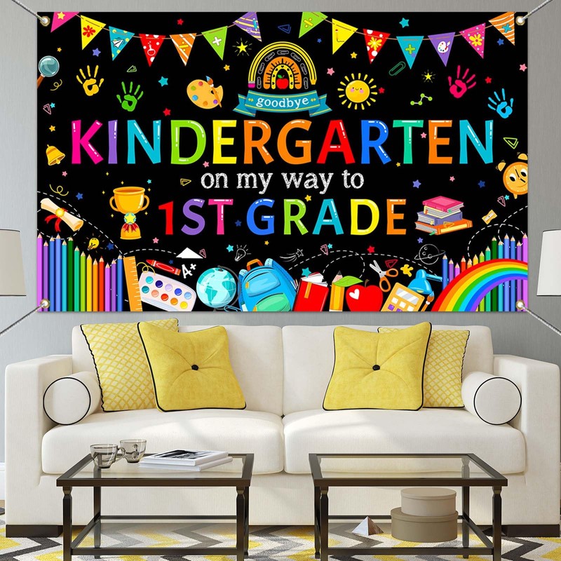 Mocsicka Kindergarten Graduation Backdrop Banner, Goodbye Kindergarten On My Way