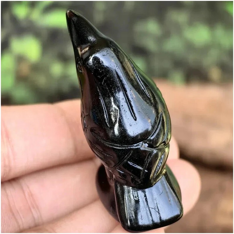 Natural Black Obsidian Crow Hand Carved Raven Skull Guardian Statue