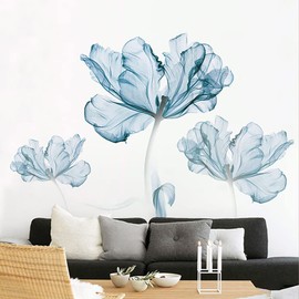Runtoo Large Blue Flower Wall Decals Poppy Floral Wall Art Stickers for Girls Bedroom Living Room Bathroom Office TV Background Decor
