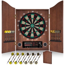 Yirinatek Electronic Dart Board, Decorative Dart Board Cabinet Set for Adults [12*Bronze Soft Tip Darts] [Cricket Game Mode]- Wooden Electric Dartboard Cabinet for Family Game Rooms (Coffee)